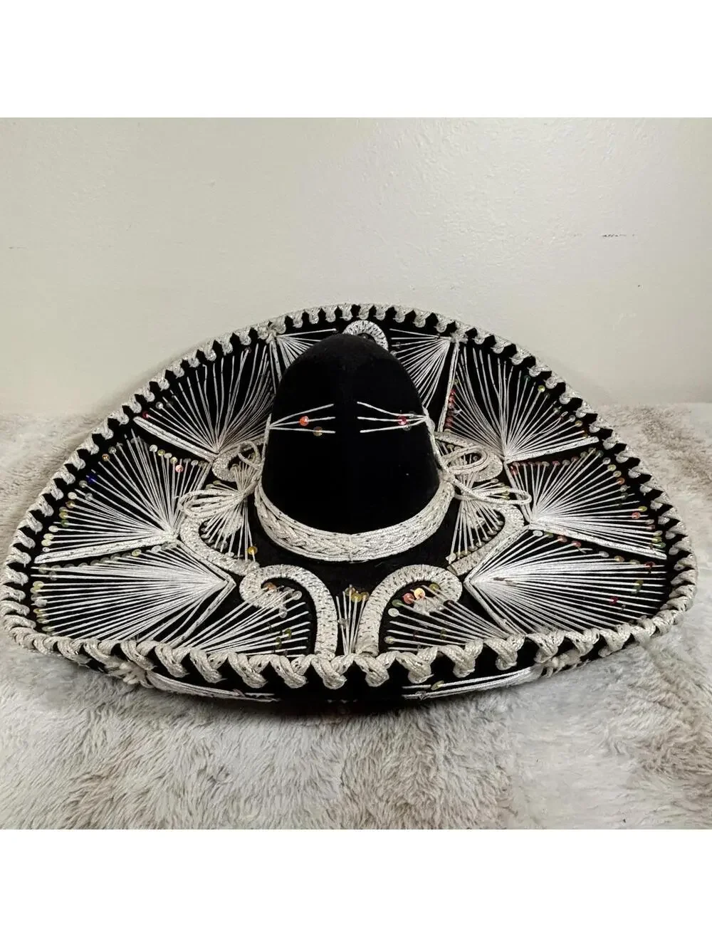 Vintage Mexican Charro Sombrero Hat Black Sequin String Art Made in Mexico